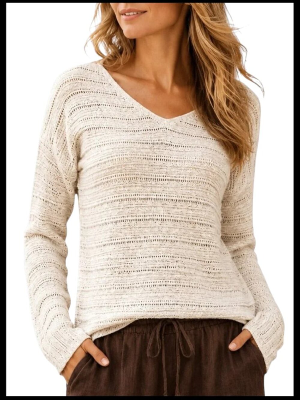 Tommy Bahama Metallic V Neck Sweater Cream Gold Open Knit S